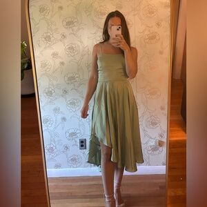 NWT Lulu's Sage Satin Asymmetrical Tie-Back Midi Dress